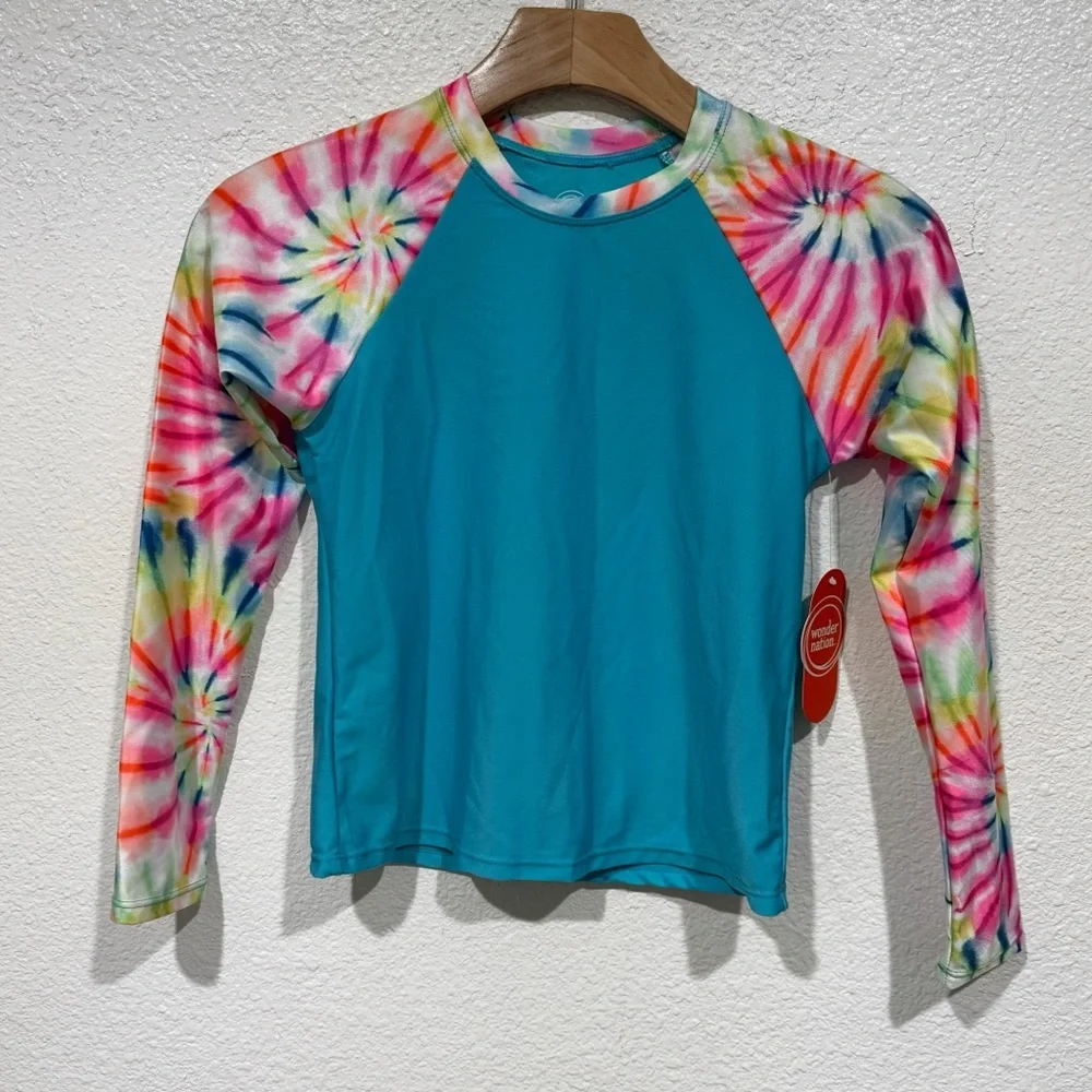 NWT Kids Wonder Nation Girls Blue Rainbow Tie Dye UPF 50+ Rash Guard Swim Top L
